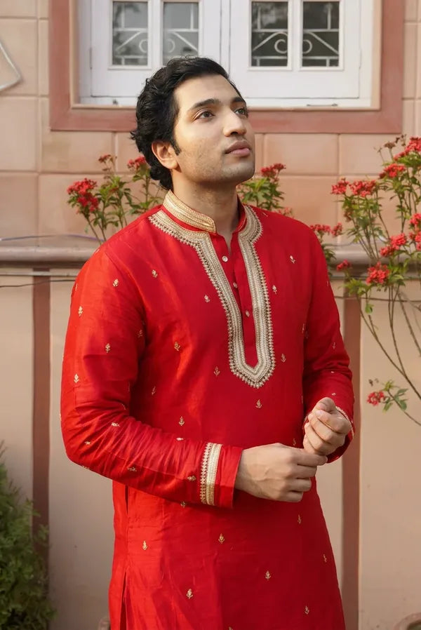 Why Every Whitefield Professional Needs Red Moscow Silk now - Red Moscow Silk Kurta Set for Men