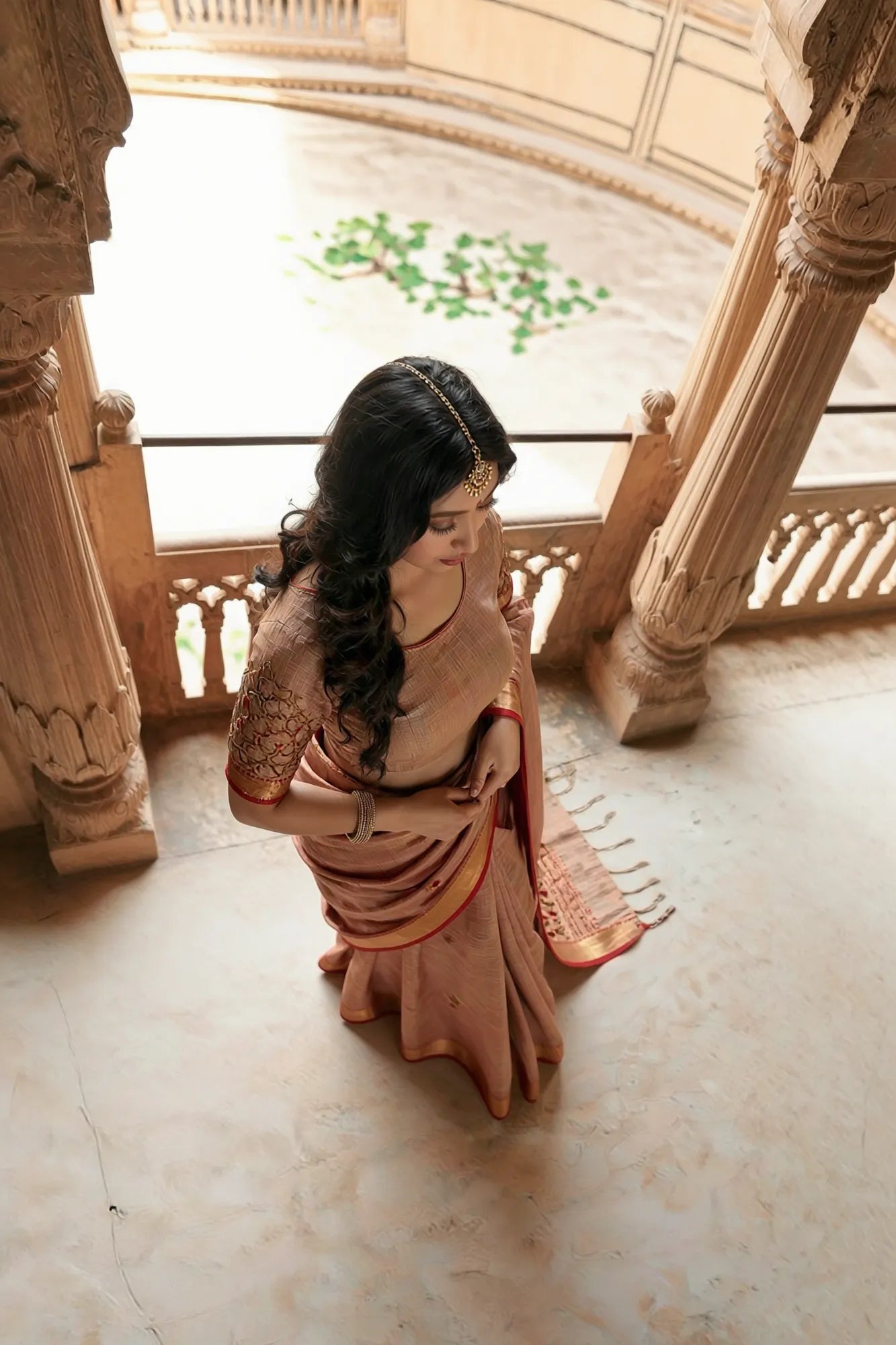 Saroj Jain Copper Rust Crush Tissue Saree with Embroidery View 10