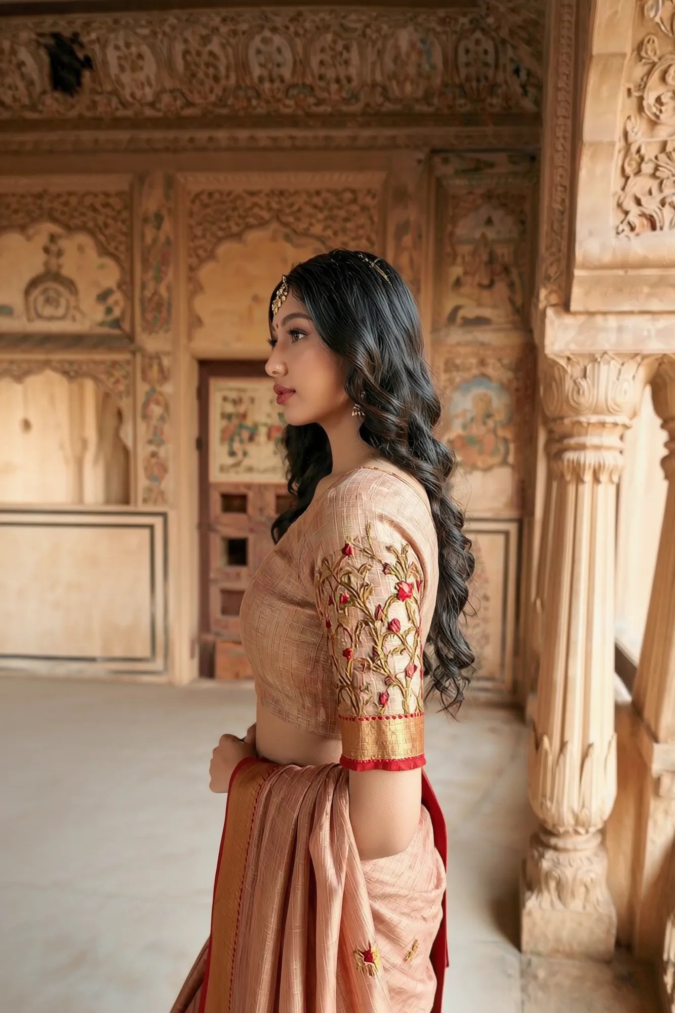 Saroj Jain Copper Rust Crush Tissue Saree with Embroidery View 13