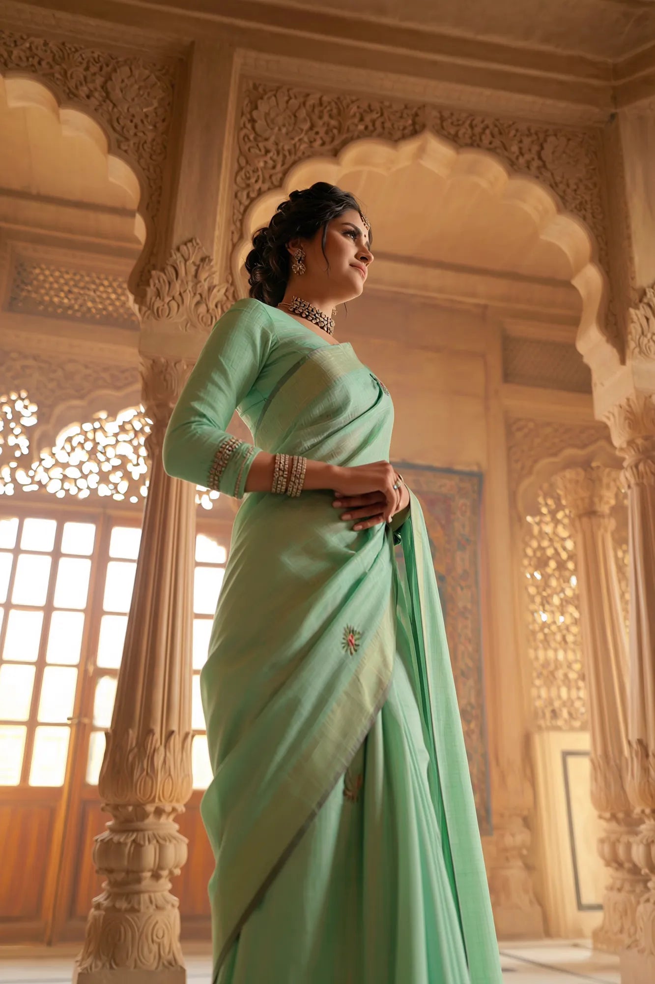 Saroj Jain Sea Green Hand-Painted Saree with Floral Motifs View 14