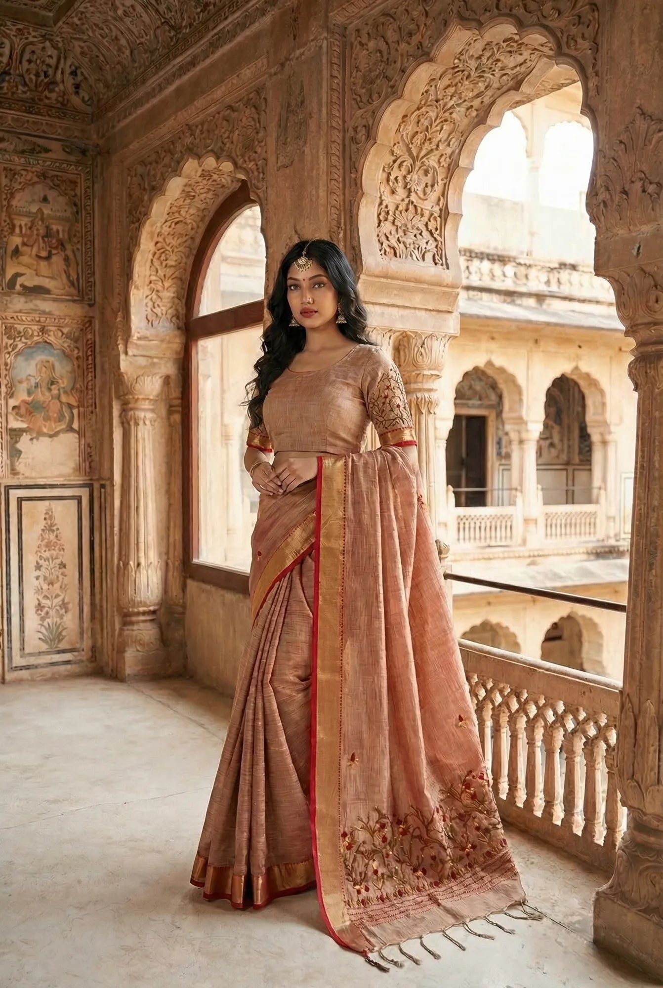Saroj Jain Elegant Copper Rust Crush Tissue Saree Front Profile