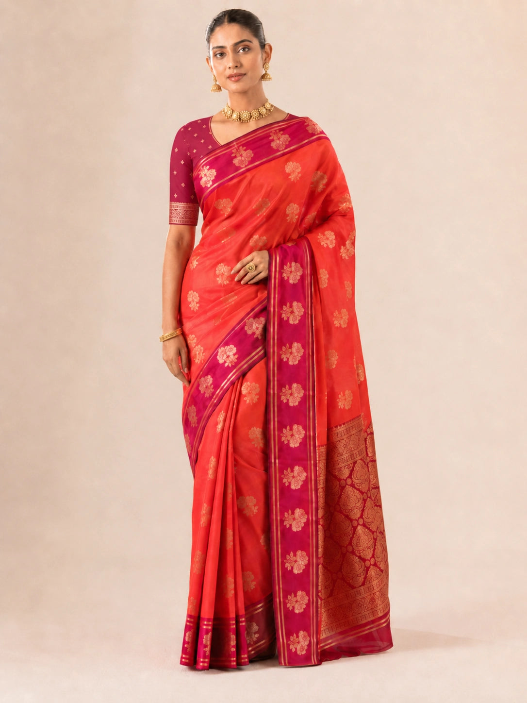 Scarlet Radiance Handwoven Tissue Fusion Saree (With Rich Fuchsia Woven Blouse)