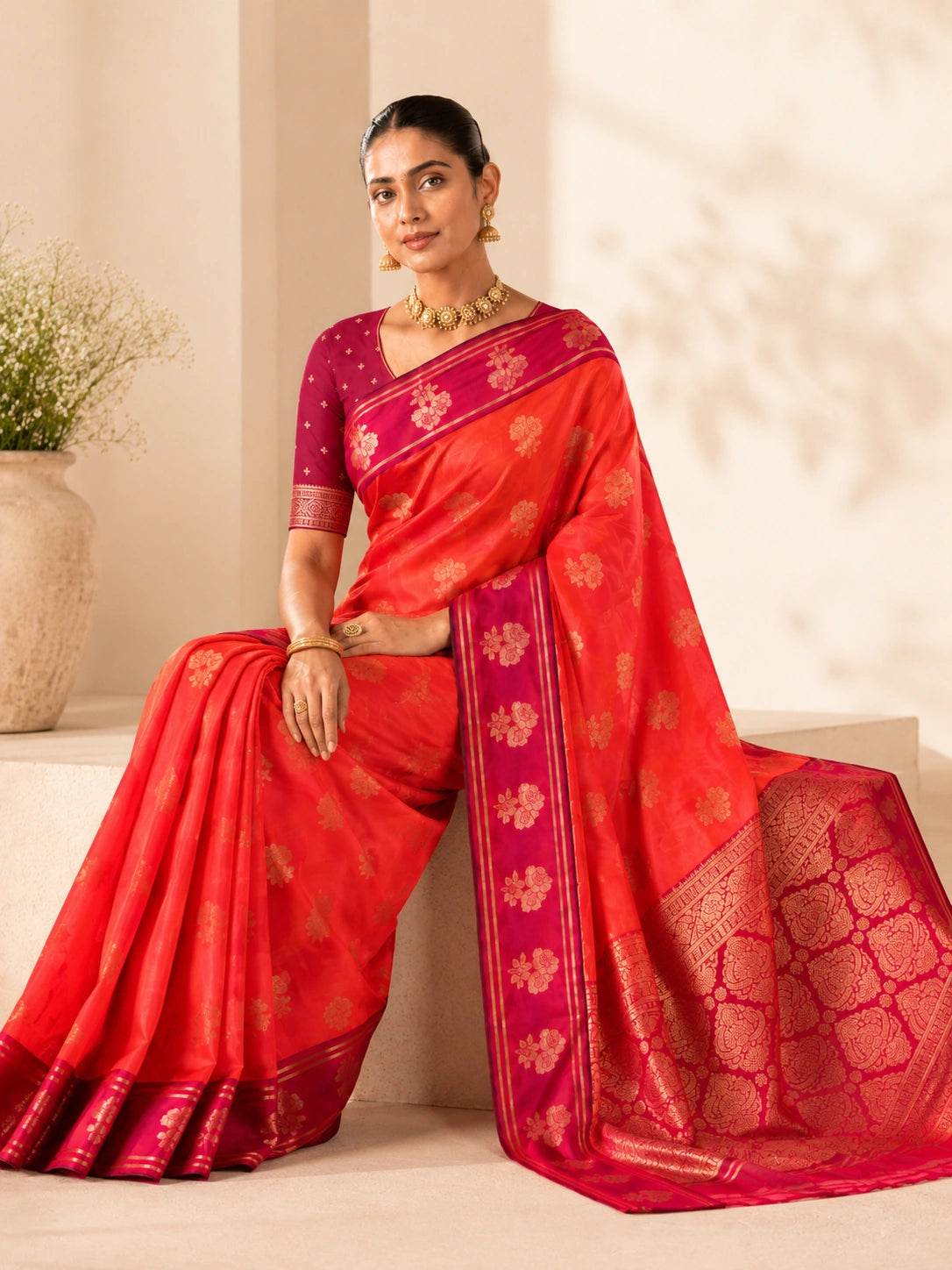 Scarlet Radiance Handwoven Tissue Fusion Saree (With Rich Fuchsia Woven Blouse)