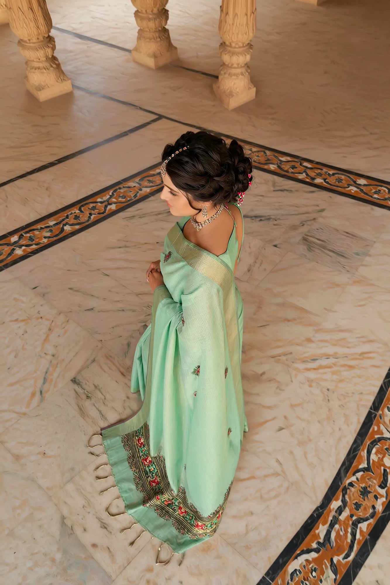 Saroj Jain Sea Green Hand-Painted Saree with Floral Motifs View 22