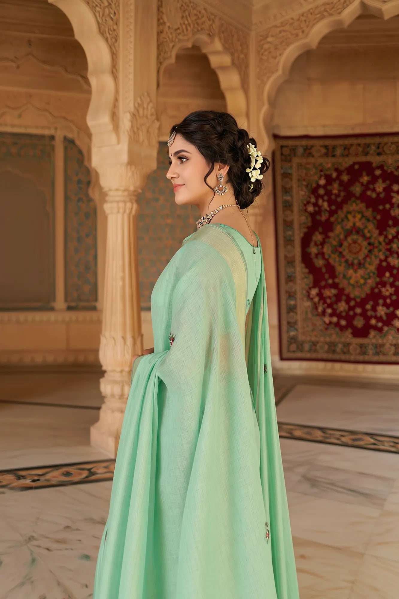 Saroj Jain Sea Green Hand-Painted Saree with Floral Motifs View 23