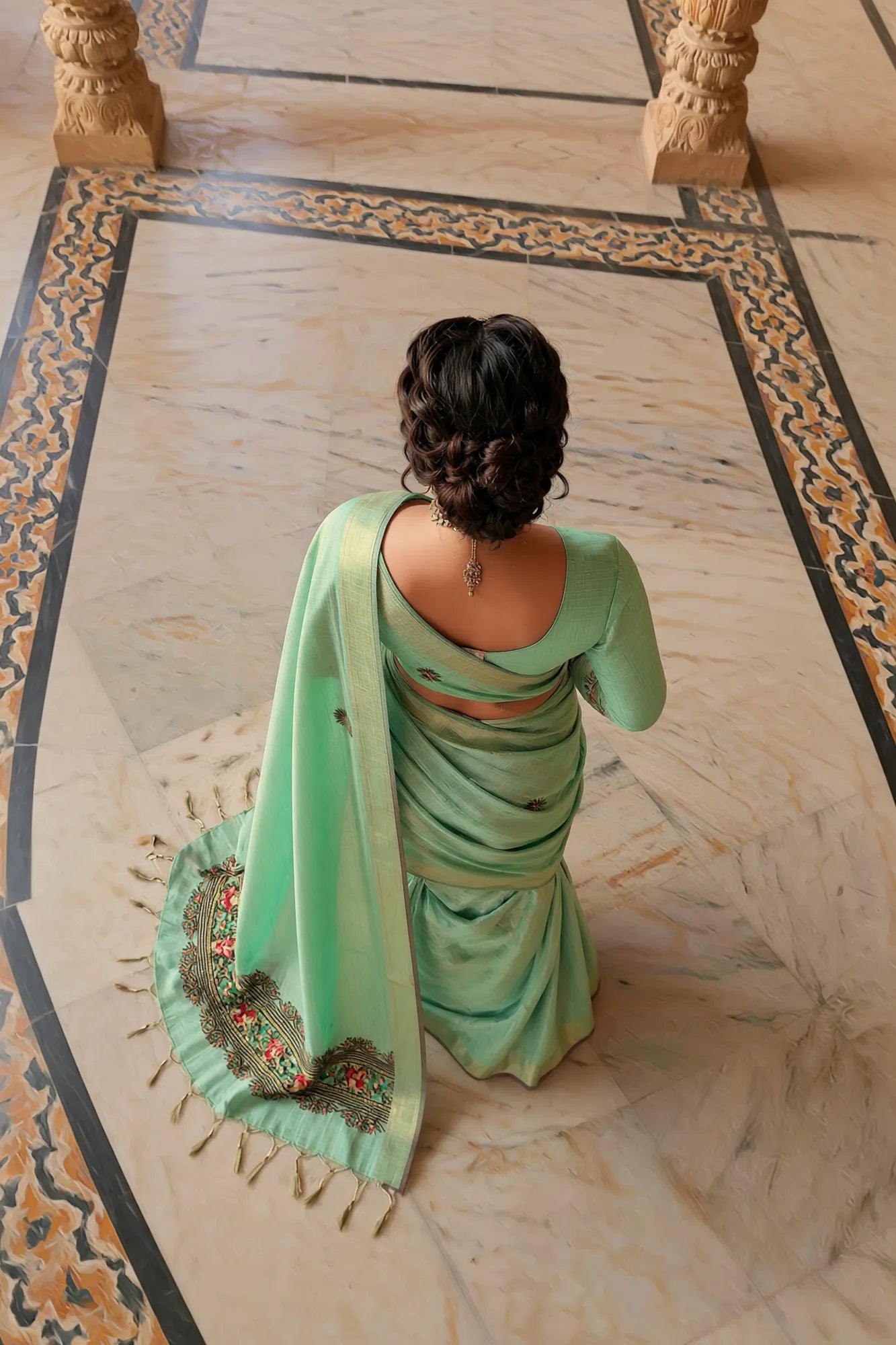 Saroj Jain Sea Green Hand-Painted Saree with Floral Motifs View 25