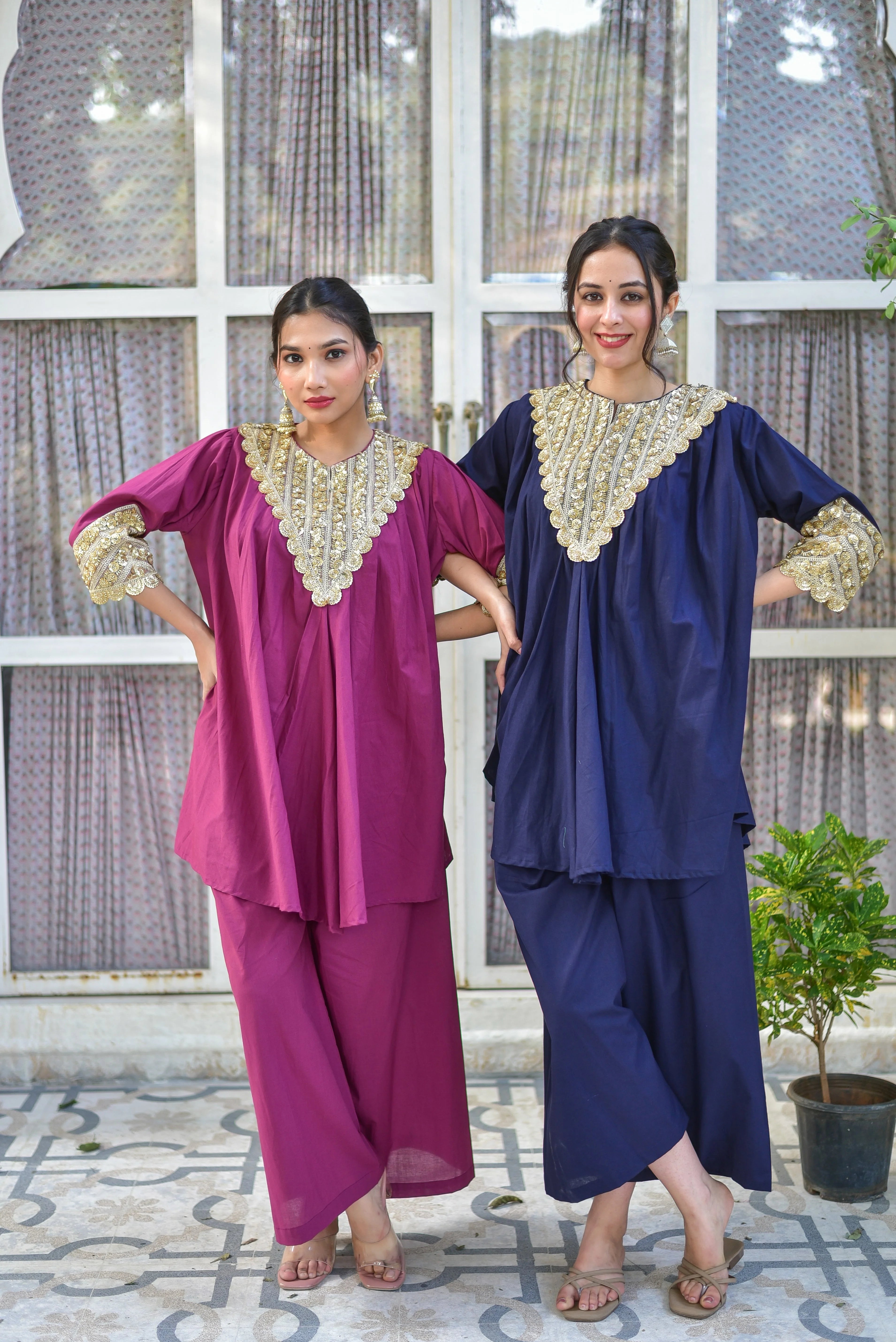 The Mulberry Gold Glaze Co-Ord Set is a stunning ensemble that combines contemporary silhouettes with timeless craftsmanship. Crafted from 100% pure cotton, this luxurious set drapes beautifully while ensuring all-day comfort and breathability. The elegant design features a blend of Mulberry and gold hues, creating a sophisticated look that's perfect for any occasion. With its trendy and amazing style, this co-ord set is sure to be a hit among fashion enthusiasts.