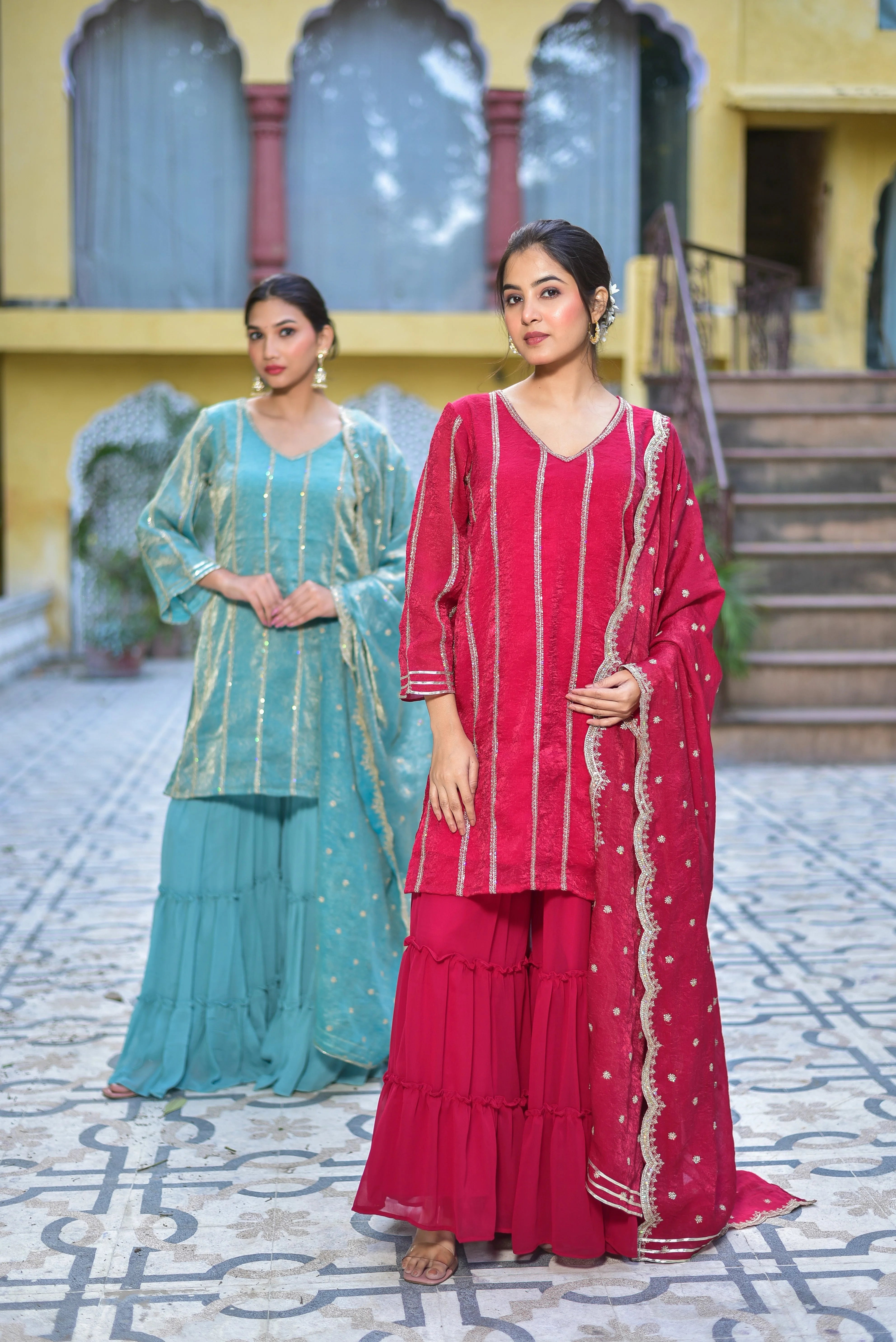 The Sea Green Kurta Sharara Set is a stunning ensemble that exudes elegance and sophistication. This exquisite piece is crafted with attention to detail, featuring intricate designs and patterns that showcase the finest artisanal craftsmanship. The vibrant sea green hue adds a touch of regality to the outfit, making it perfect for festive occasions, celebrations, and special gatherings.