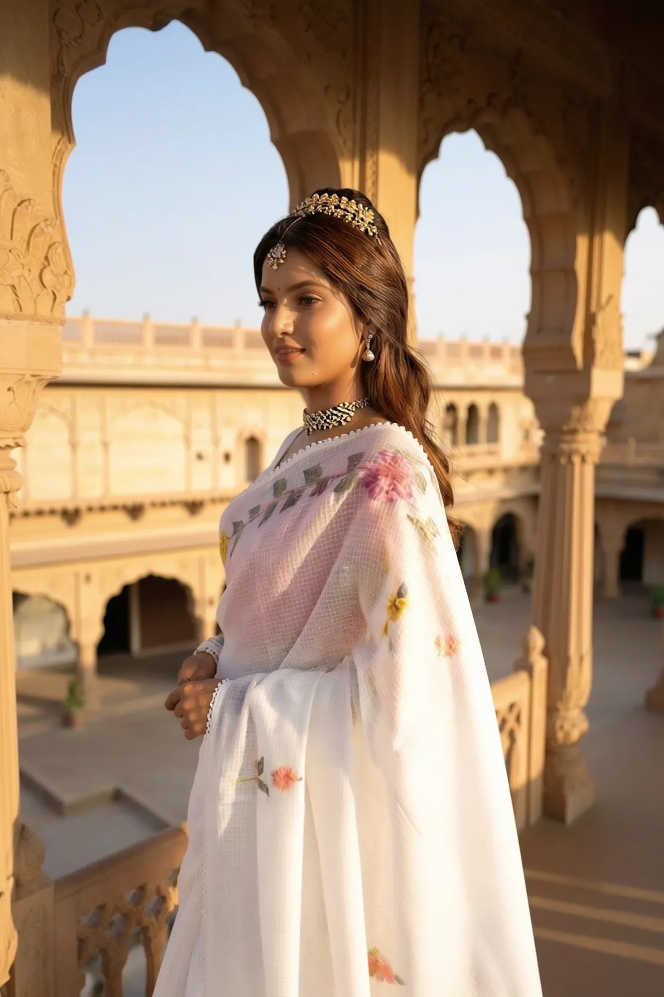 Off-White Saree with Delicate Floral Hand-Painted Motifs Saroj Jain