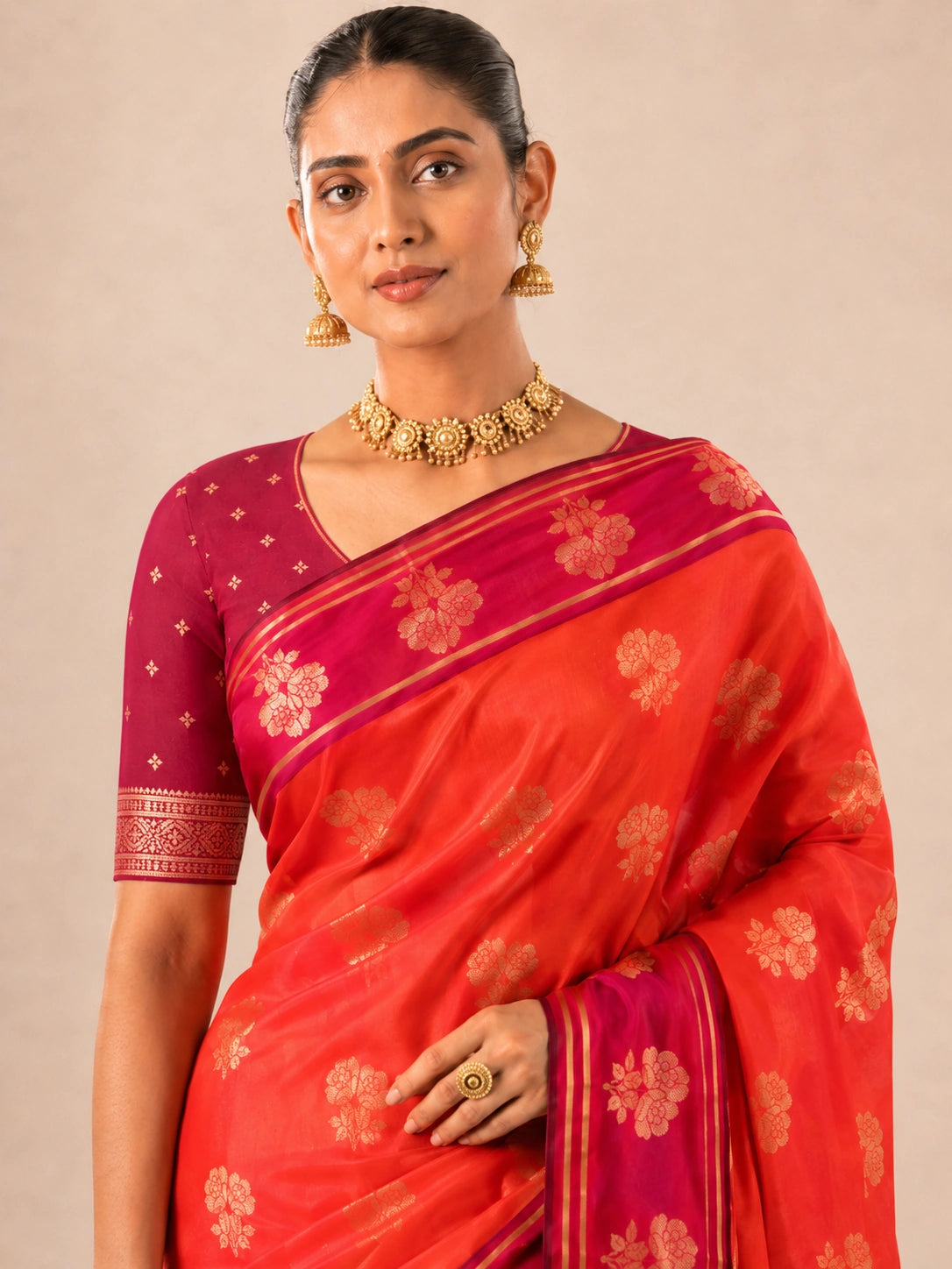 Scarlet Radiance Handwoven Tissue Fusion Saree (With Rich Fuchsia Woven Blouse)