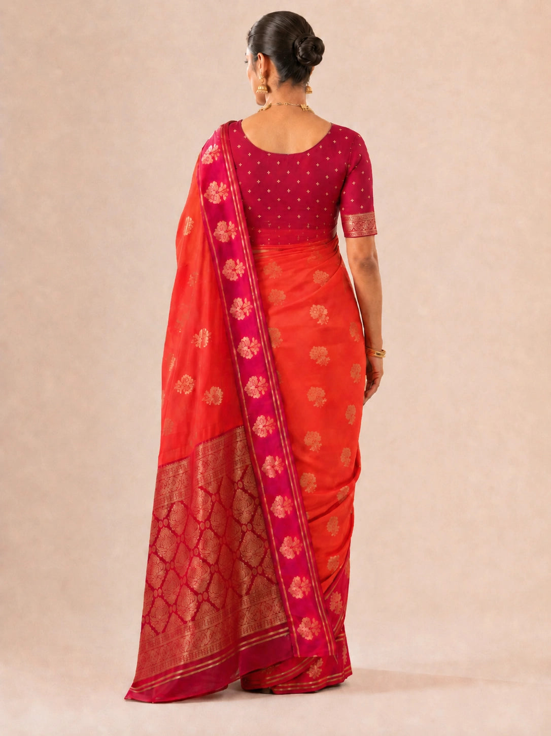 Scarlet Radiance Handwoven Tissue Fusion Saree (With Rich Fuchsia Woven Blouse)