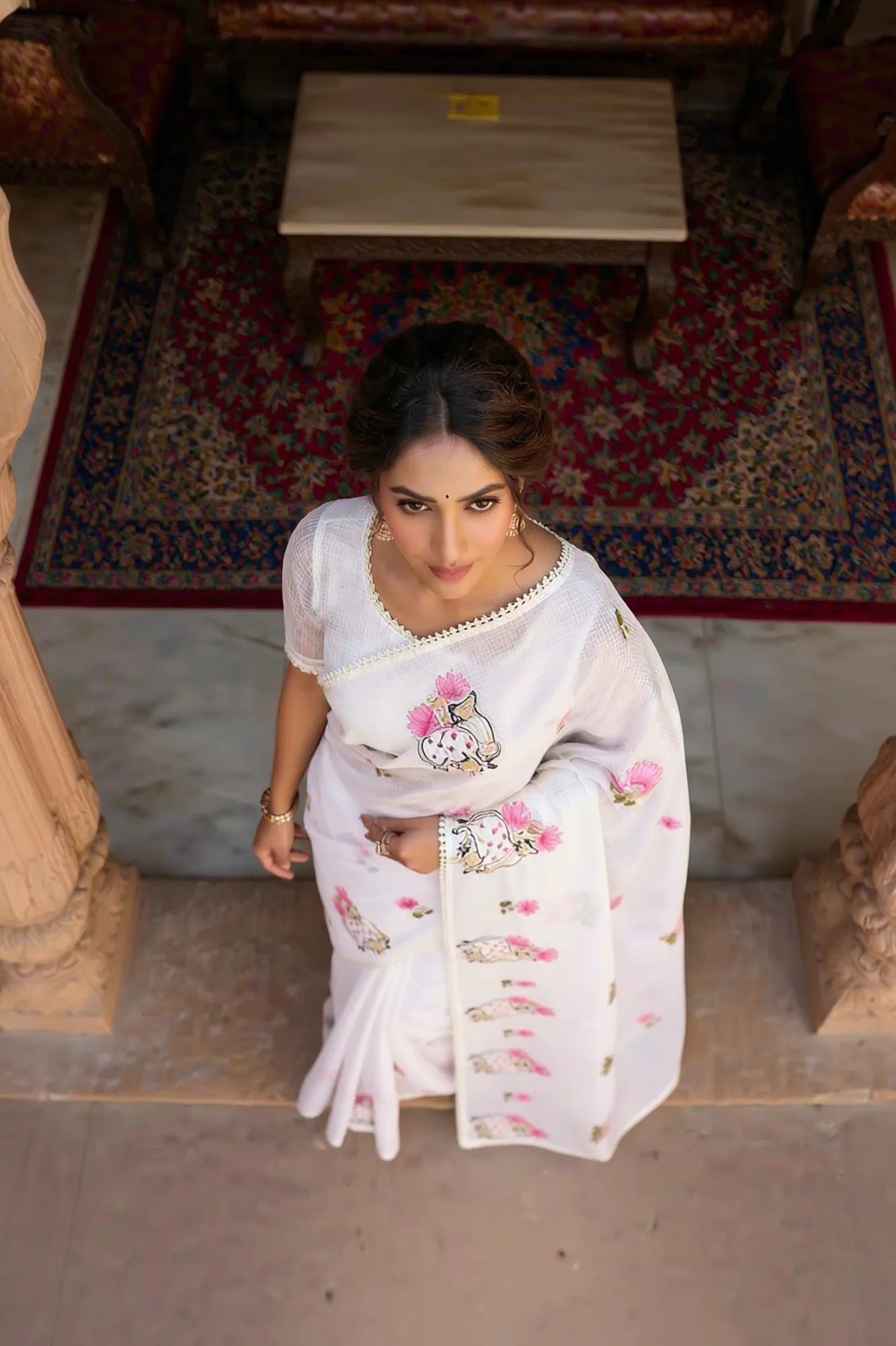 Off-White Kota Silk Saree with Hand-Embroidered Pichwai Motifs - back view