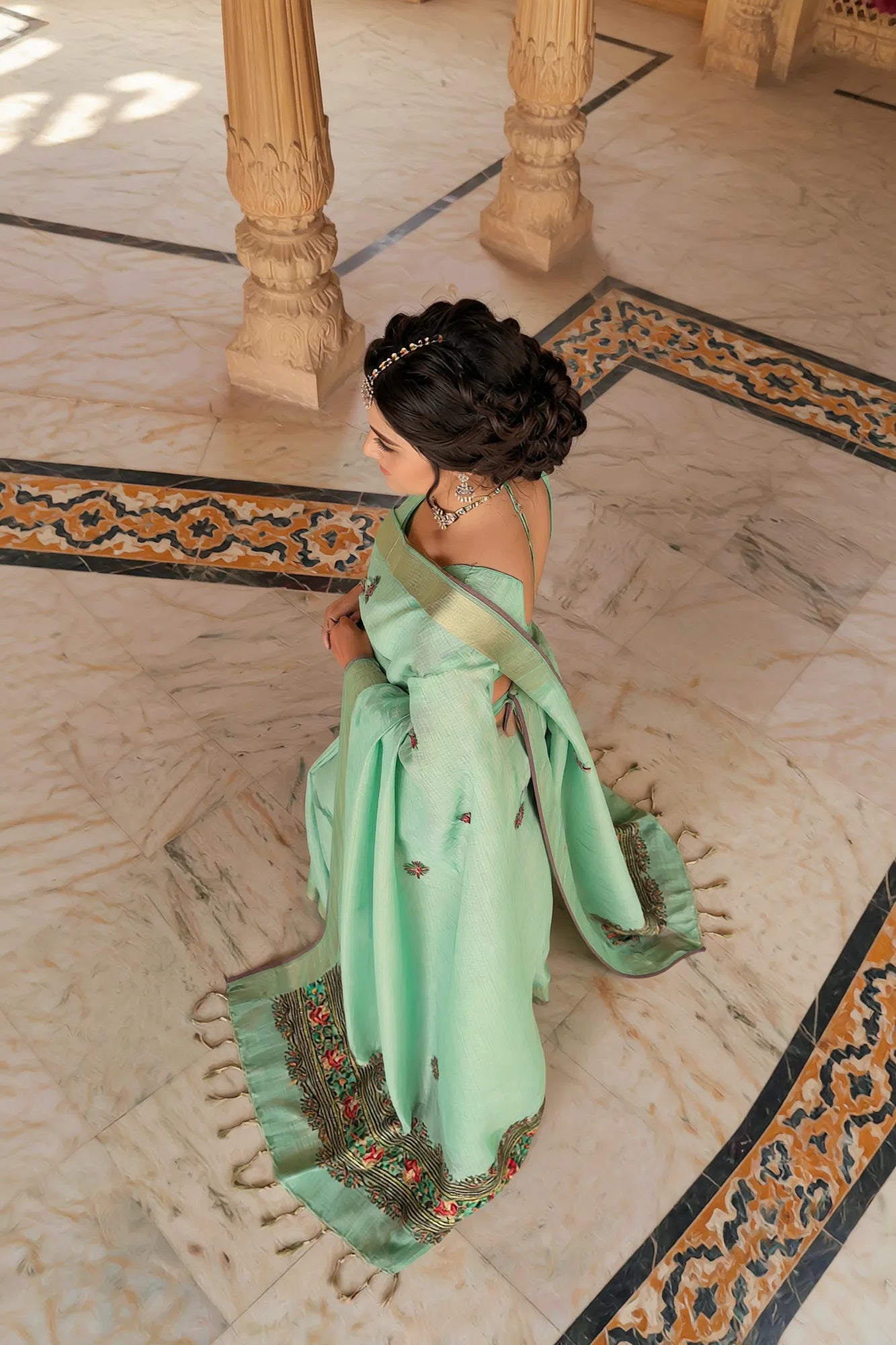 Saroj Jain Sea Green Hand-Painted Saree with Floral Motifs View 6