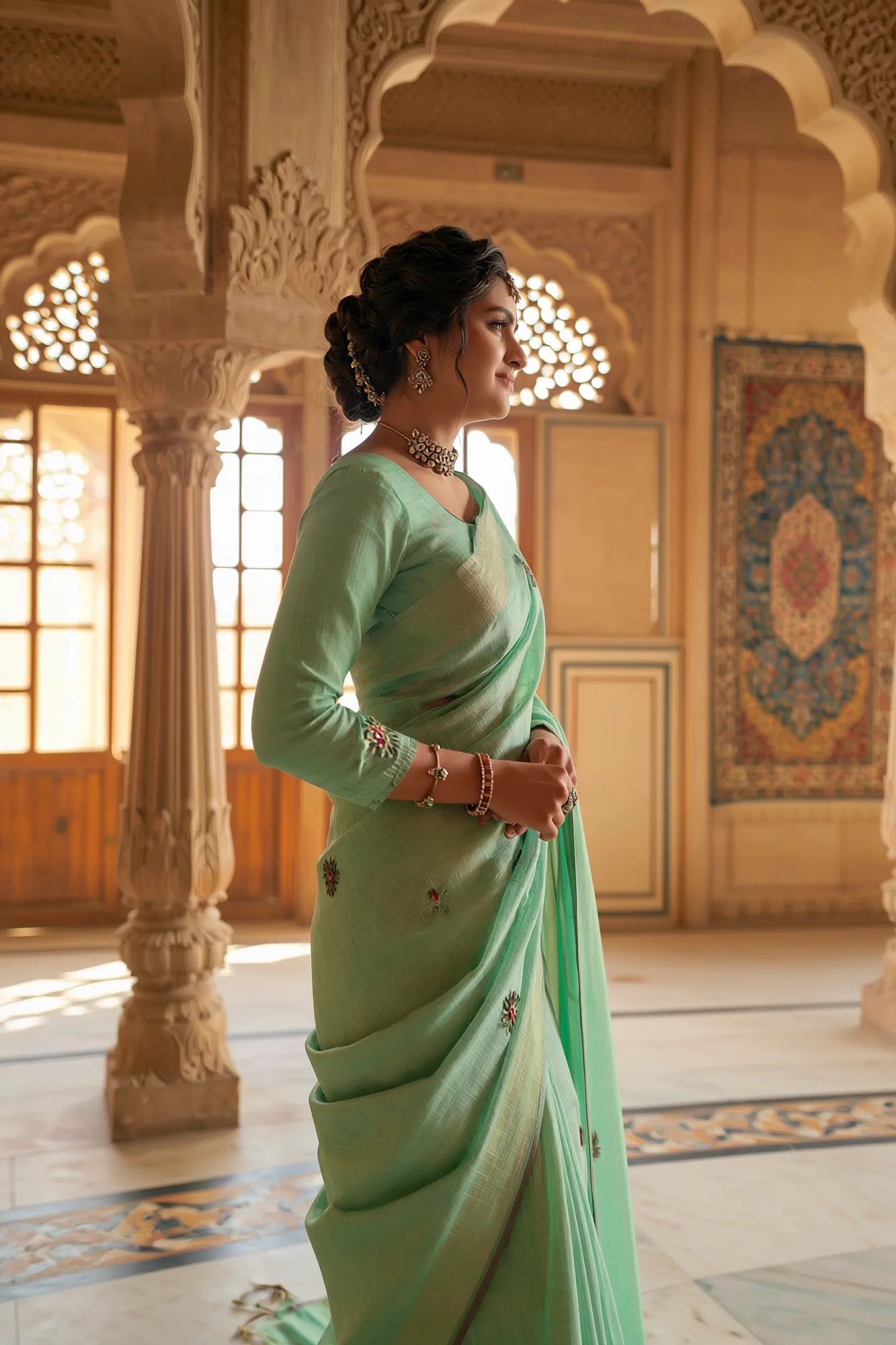 Saroj Jain Sea Green Hand-Painted Saree with Floral Motifs View 7