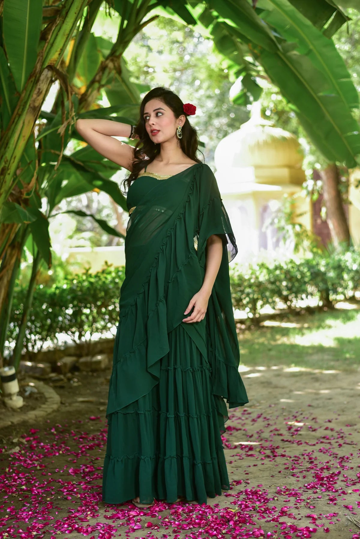 Bottle Green Georgette Sharara Saree Set Side View - Designer Ethnic Wear