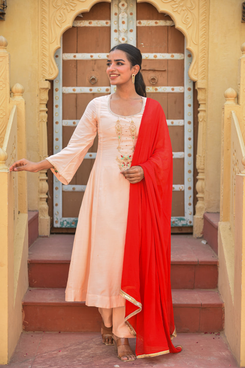 Peach Embroidery Kurta Set Side View - Designer Ethnic Wear