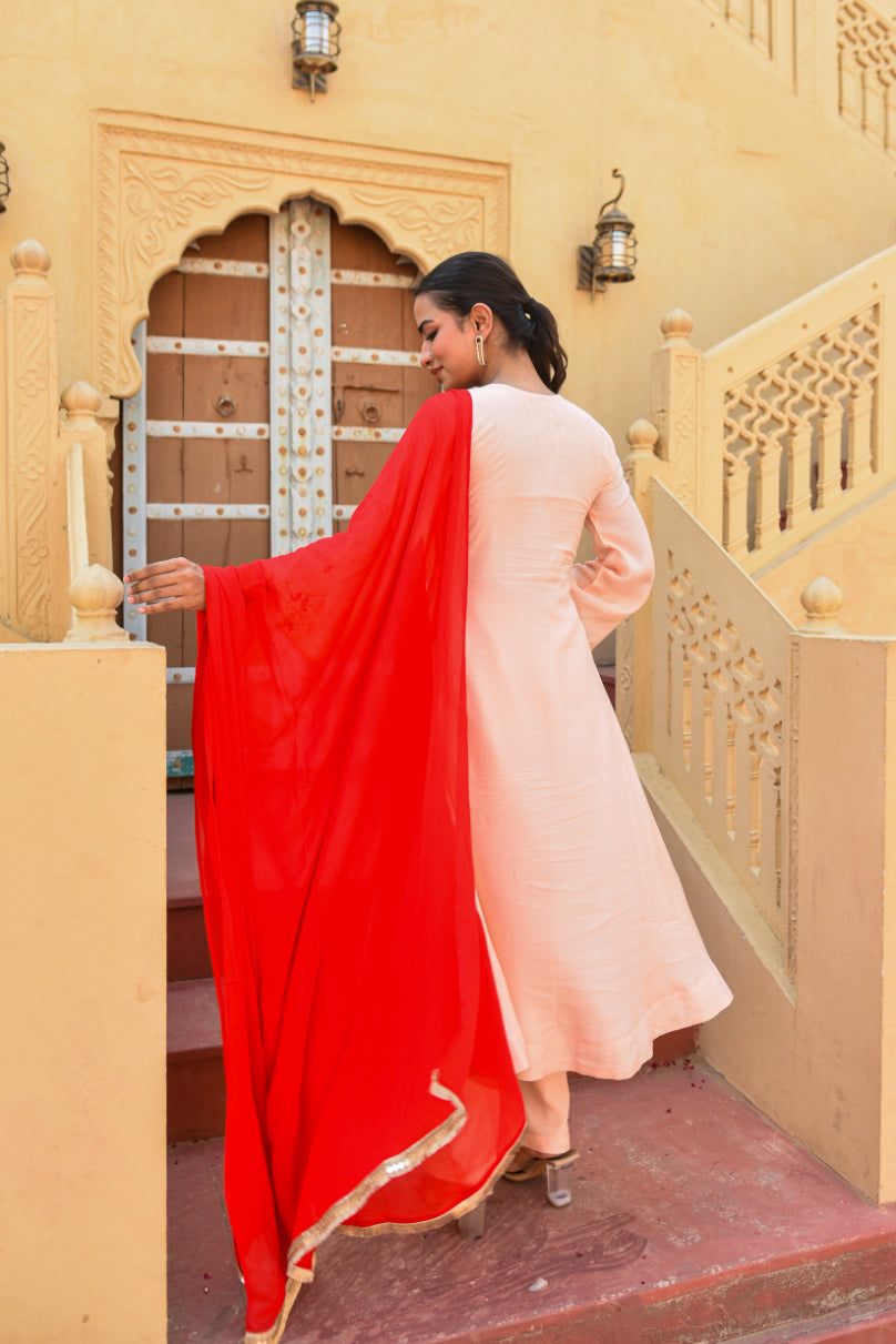 Peach Embroidery Kurta Set Detail Shot - Designer Ethnic Wear