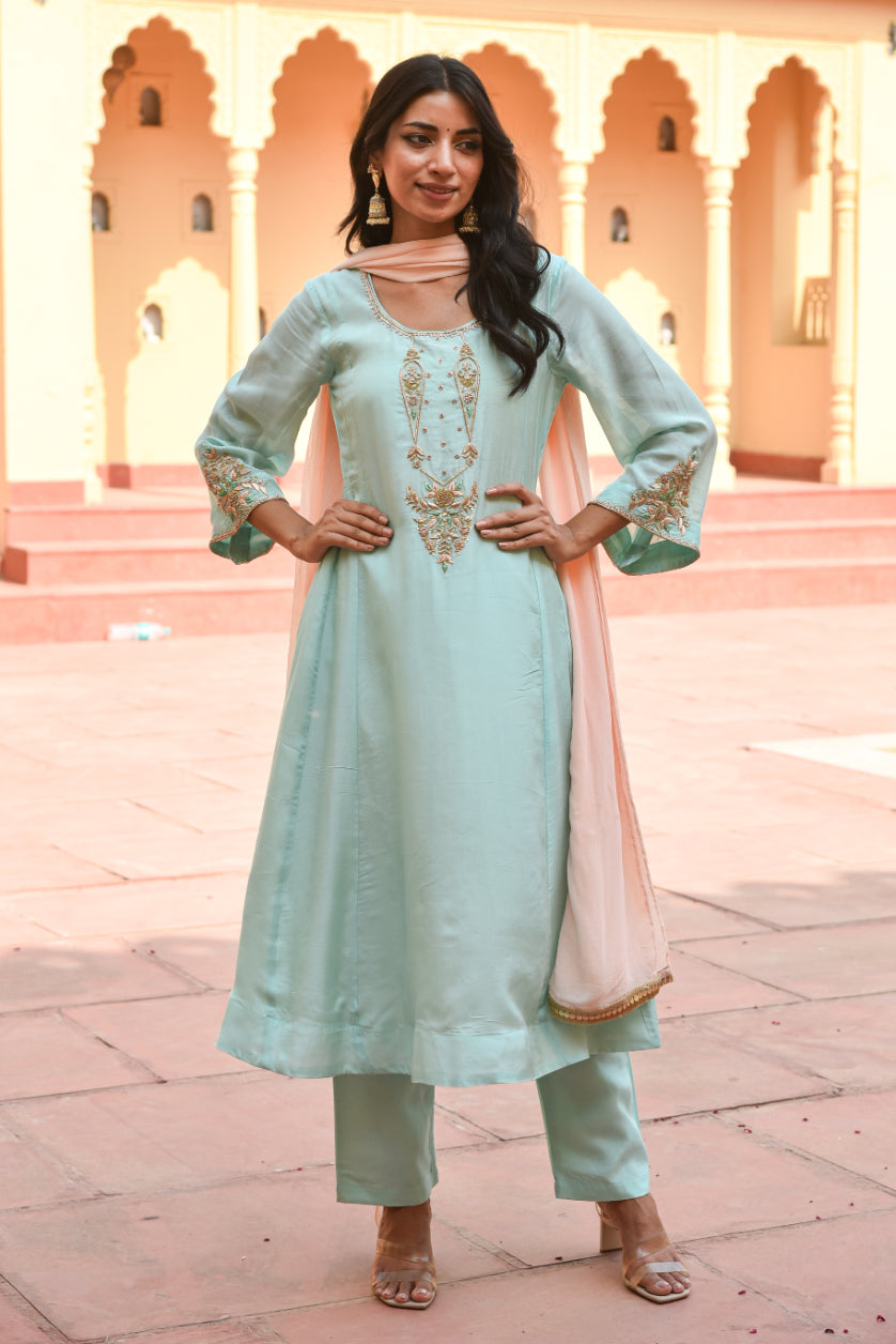 Sea green silk muslin embroidered kurta set with georgette dupatta - Saroj Jain ethnic wear