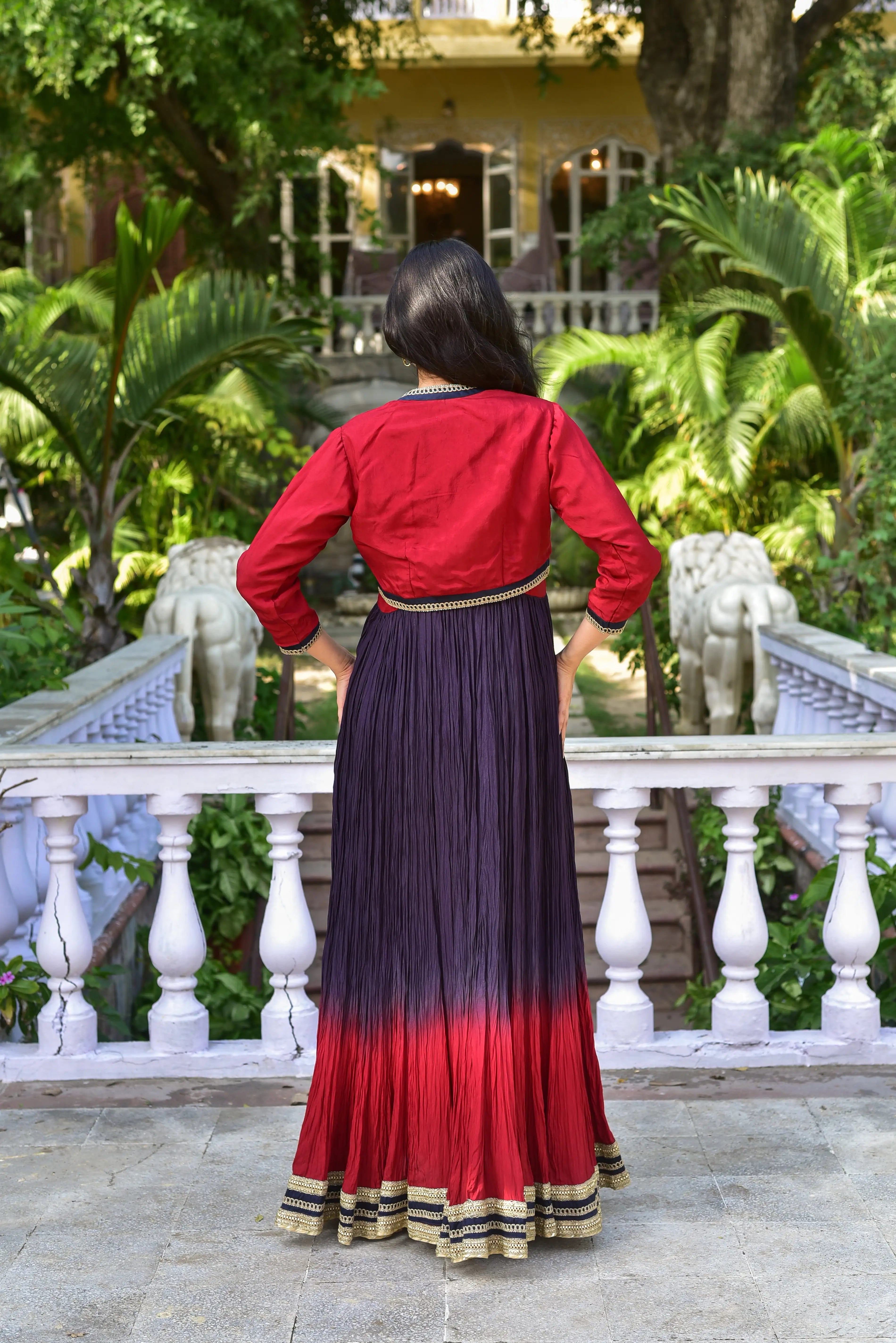 The Twilight Ombre Gown With Jacket - a breathtaking ensemble that captures the essence of elegance and sophistication. Crafted from luxurious silk fabric, this stunning piece features a mesmerizing ombre effect that transitions seamlessly from one color to another, evoking the magic of twilight.
The gown's flowing silhouette is accentuated by intricate details, including a delicate border that adds a touch of refinement to the overall design.