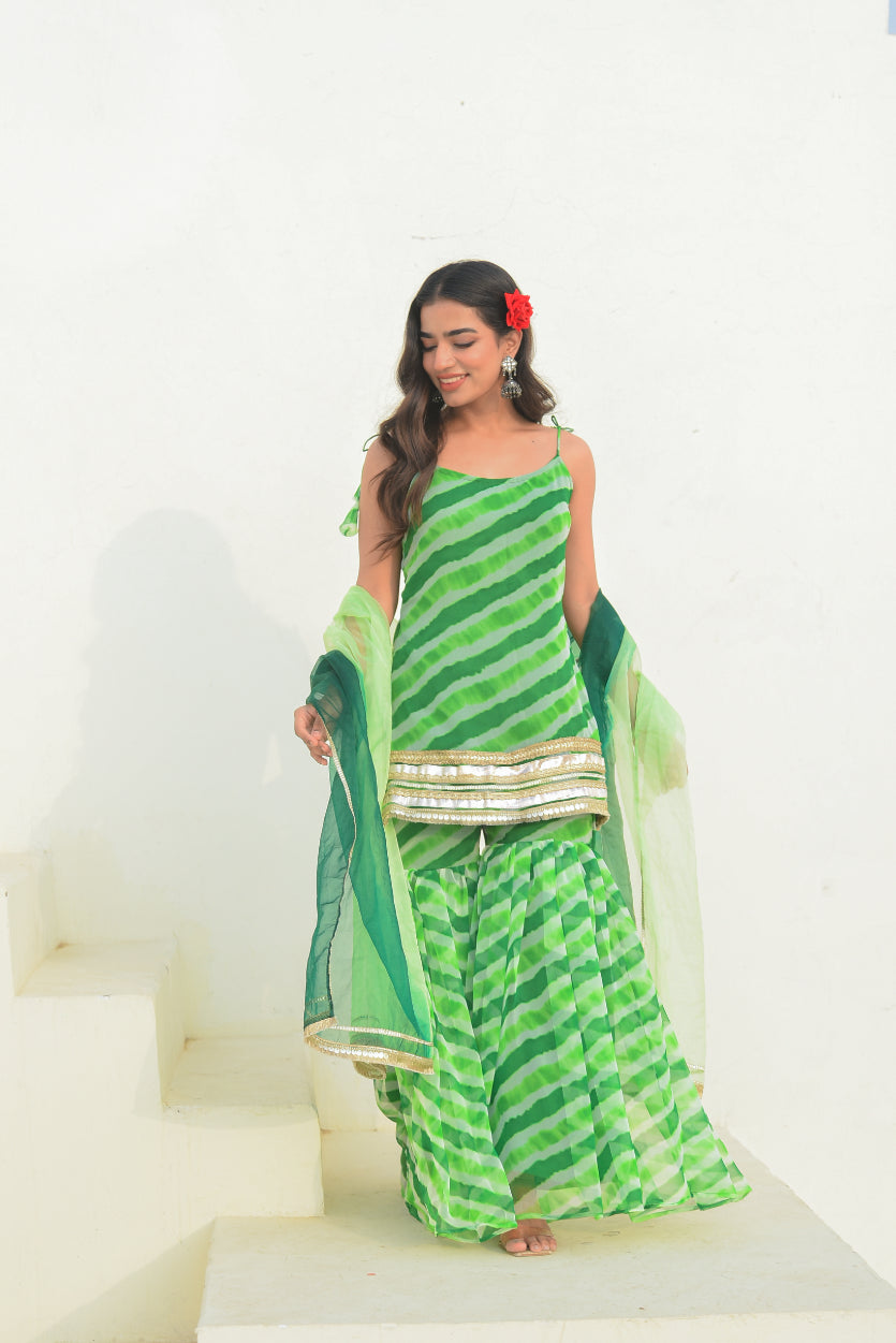 Green Leheriya Kurta Sharara Set Back View - Designer Ethnic Wear