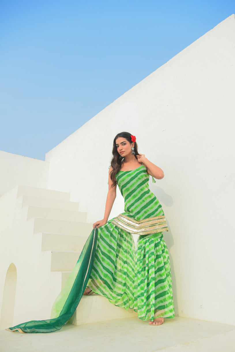 Green Leheriya Kurta Sharara Set Full Look - Designer Ethnic Wear