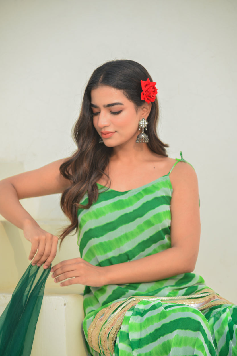 Green Leheriya Kurta Sharara Set Model Shot - Designer Ethnic Wear