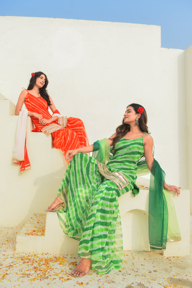 Green Leheriya Kurta Sharara Set View 11 - Designer Ethnic Wear