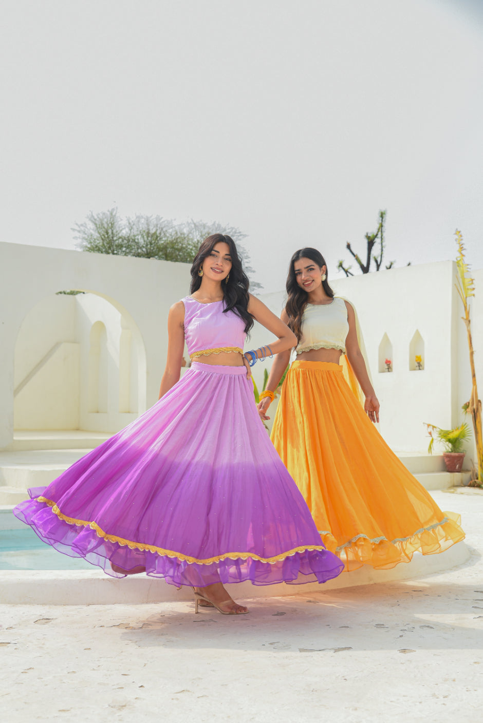 Lavender Aumbre Crop Top With Skirt Set Model Shot - Designer Ethnic Wear