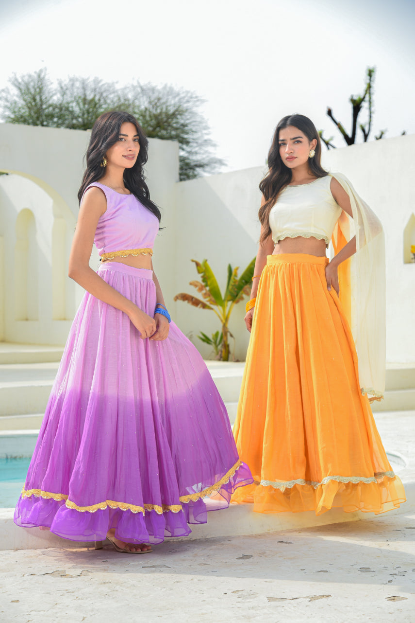 Lavender Aumbre Crop Top With Skirt Set View 9 - Designer Ethnic Wear