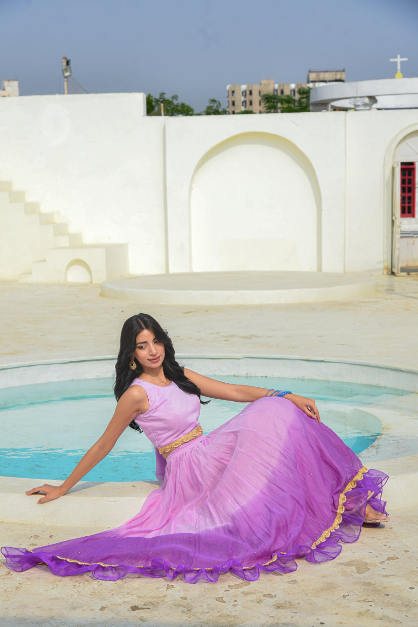 Lavender Aumbre Crop Top With Skirt Set Detail Shot - Designer Ethnic Wear