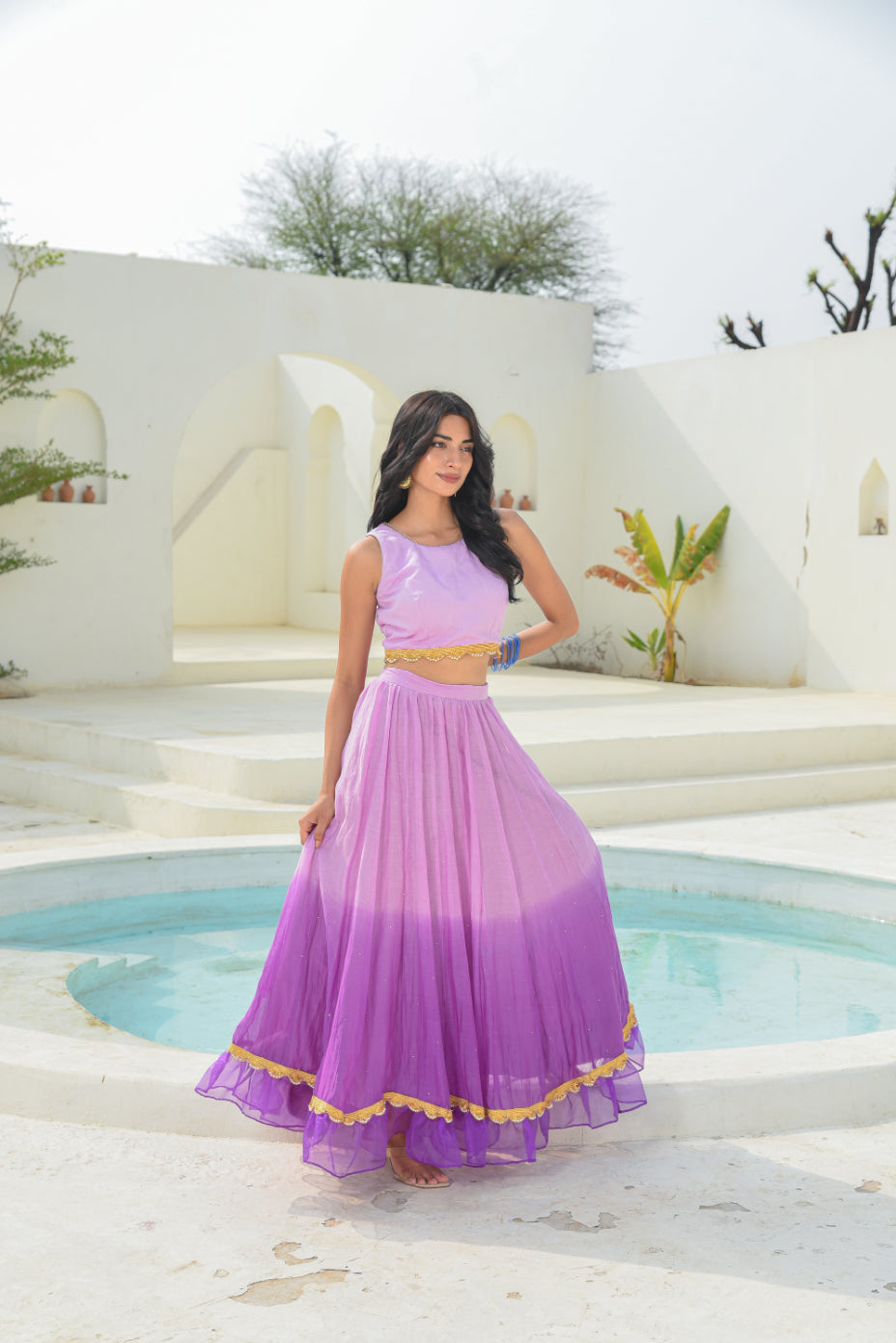 Lavender Aumbre Crop Top With Skirt Set Close-up - Designer Ethnic Wear