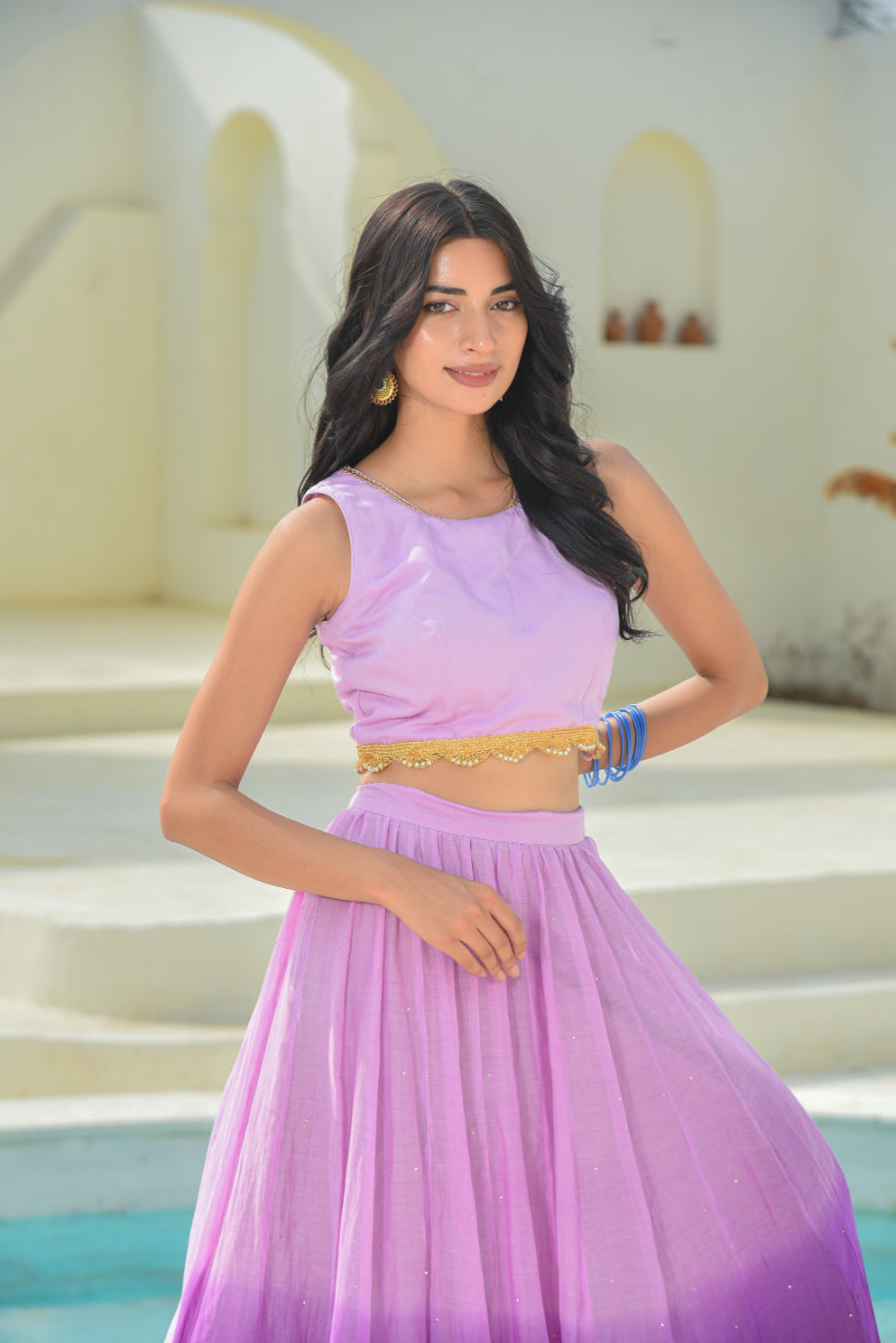 Lavender Aumbre Crop Top With Skirt Set Full Look - Designer Ethnic Wear