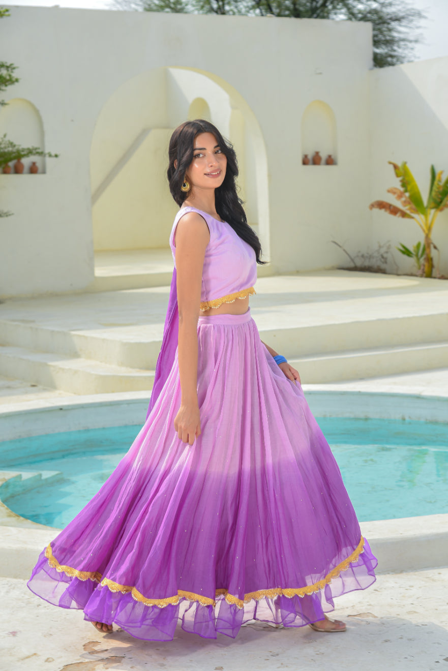 Lavender Aumbre Crop Top With Skirt Set Styling View - Designer Ethnic Wear