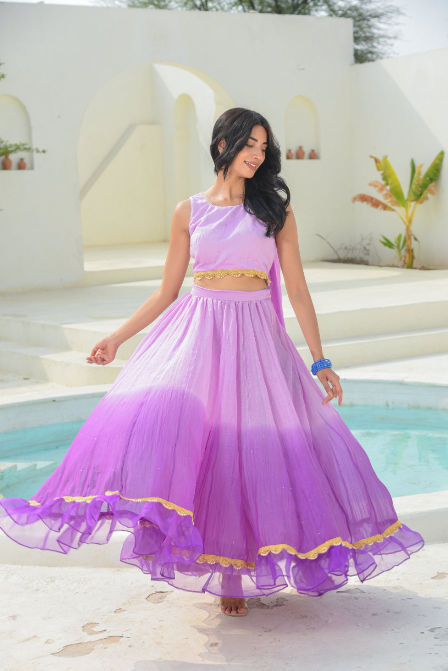 Lavender Aumbre Crop Top With Skirt Set Side View - Designer Ethnic Wear