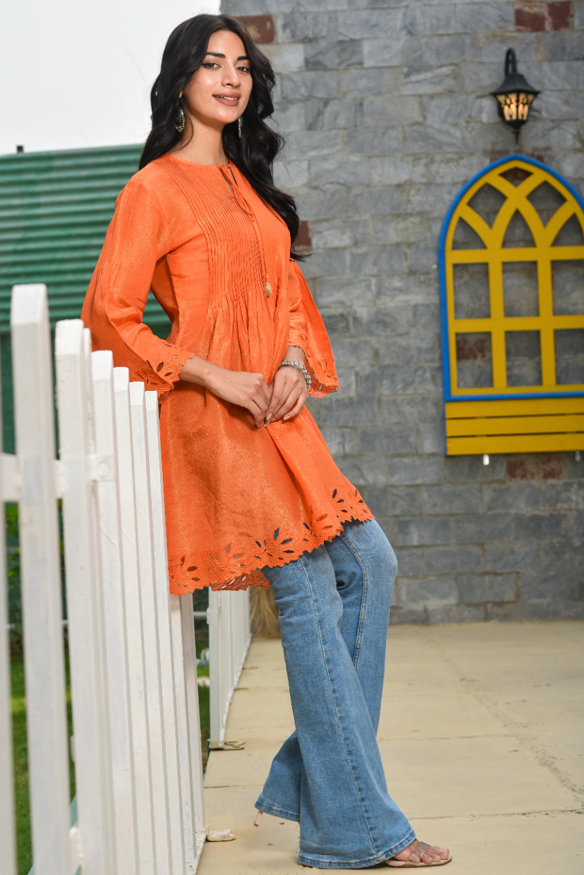 Orange Cut Work Kurti Back View - Designer Ethnic Wear