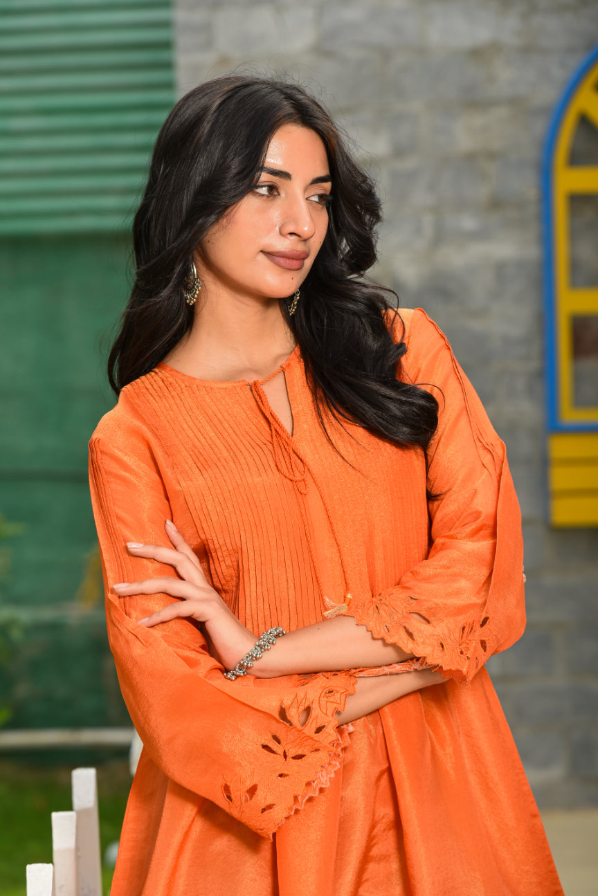 Orange Cut Work Kurti Close-up - Designer Ethnic Wear