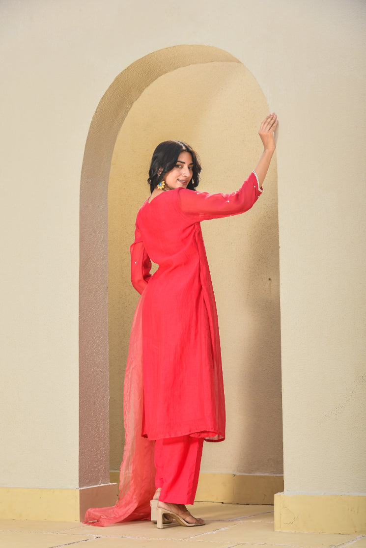 Cherry Red Pleated Kurta Set Back View - Designer Ethnic Wear