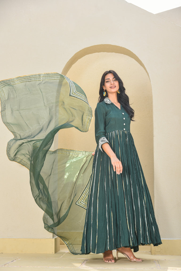 Emerald Green Heavy Work Anarkali Dress With Duppta Side View - Designer Ethnic Wear