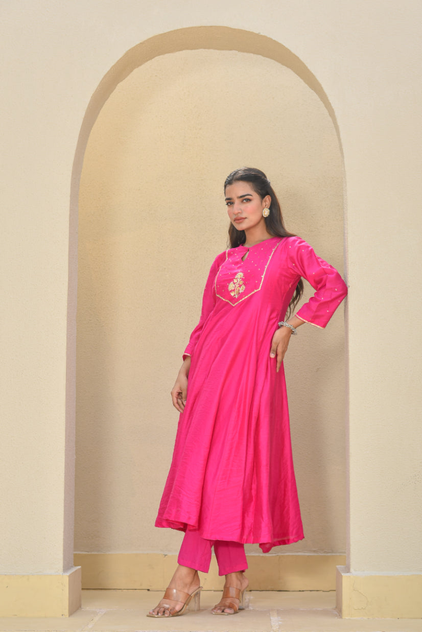 Hot Pink zardozi A-Line Kurta Set Back View - Designer Ethnic Wear