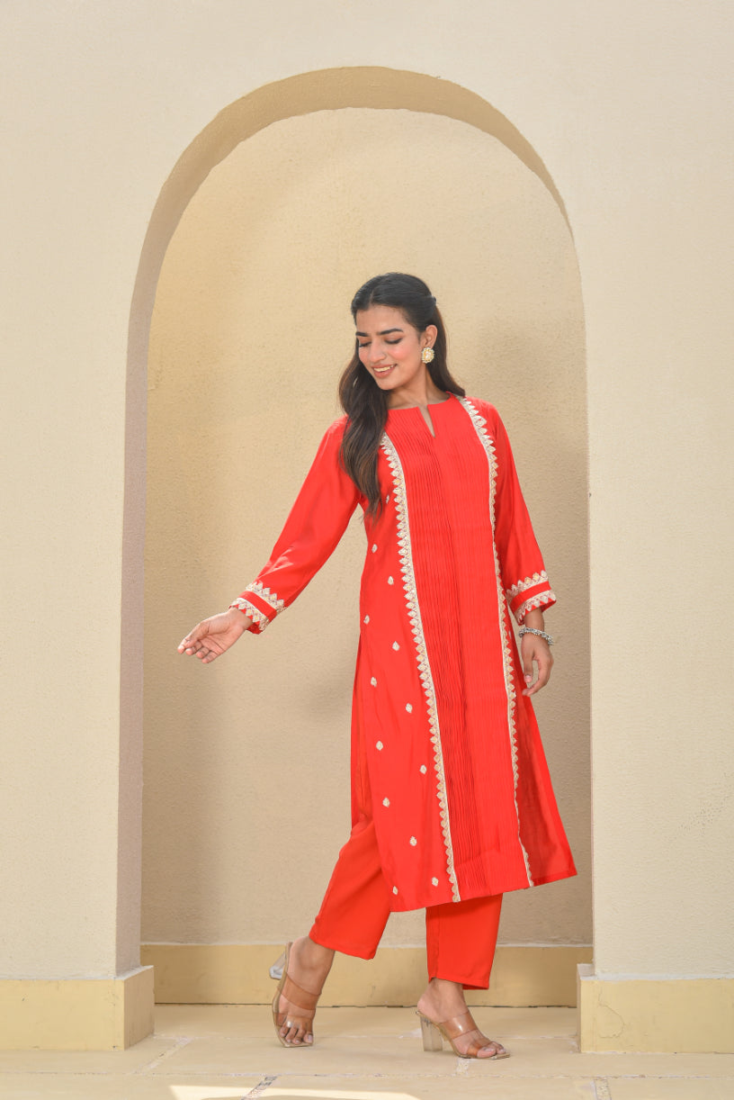 Classic Red Zari Silk Kurta Set Detail Shot - Designer Ethnic Wear