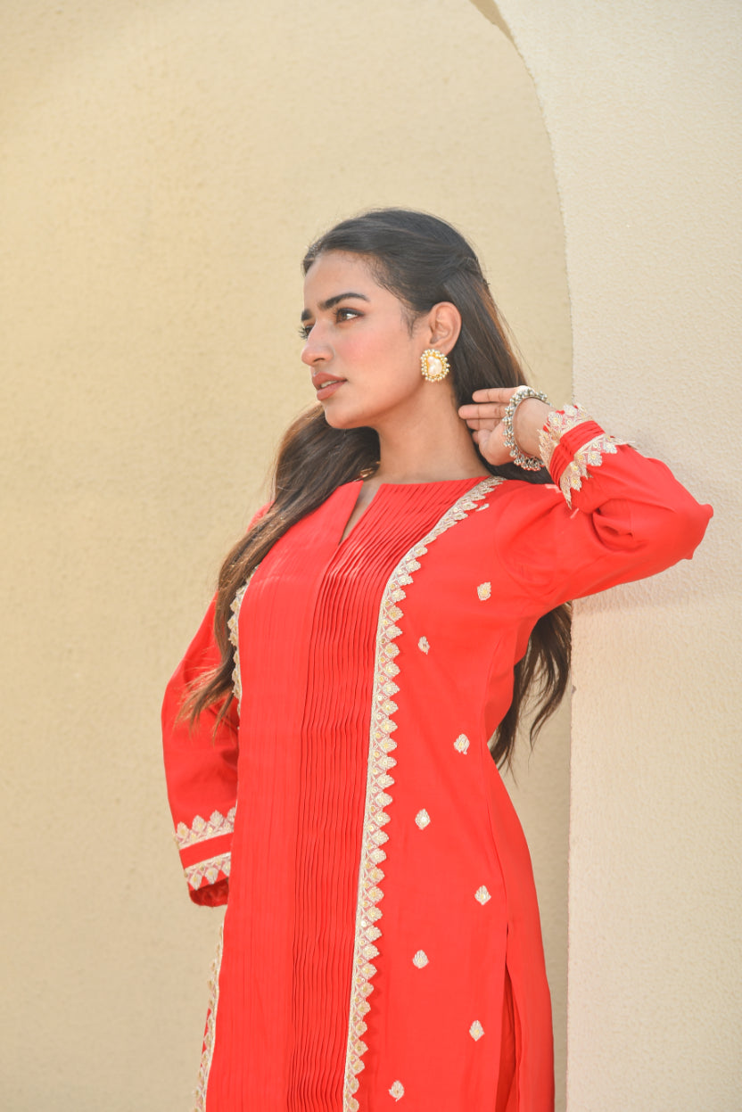 Classic Red Zari Silk Kurta Set Full Look - Designer Ethnic Wear