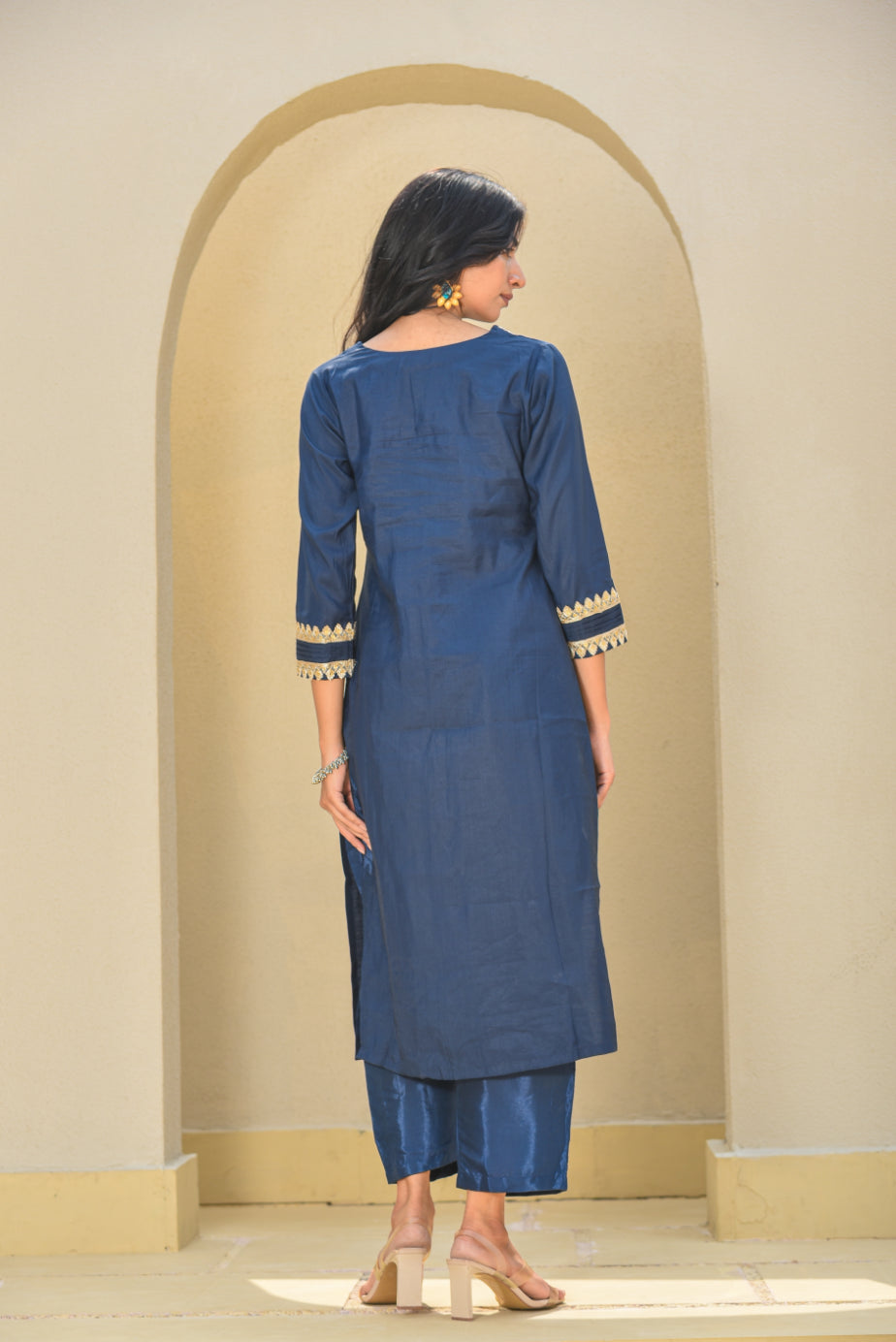 Navy Blue Zari Silk Kurta Set Back View - Designer Ethnic Wear