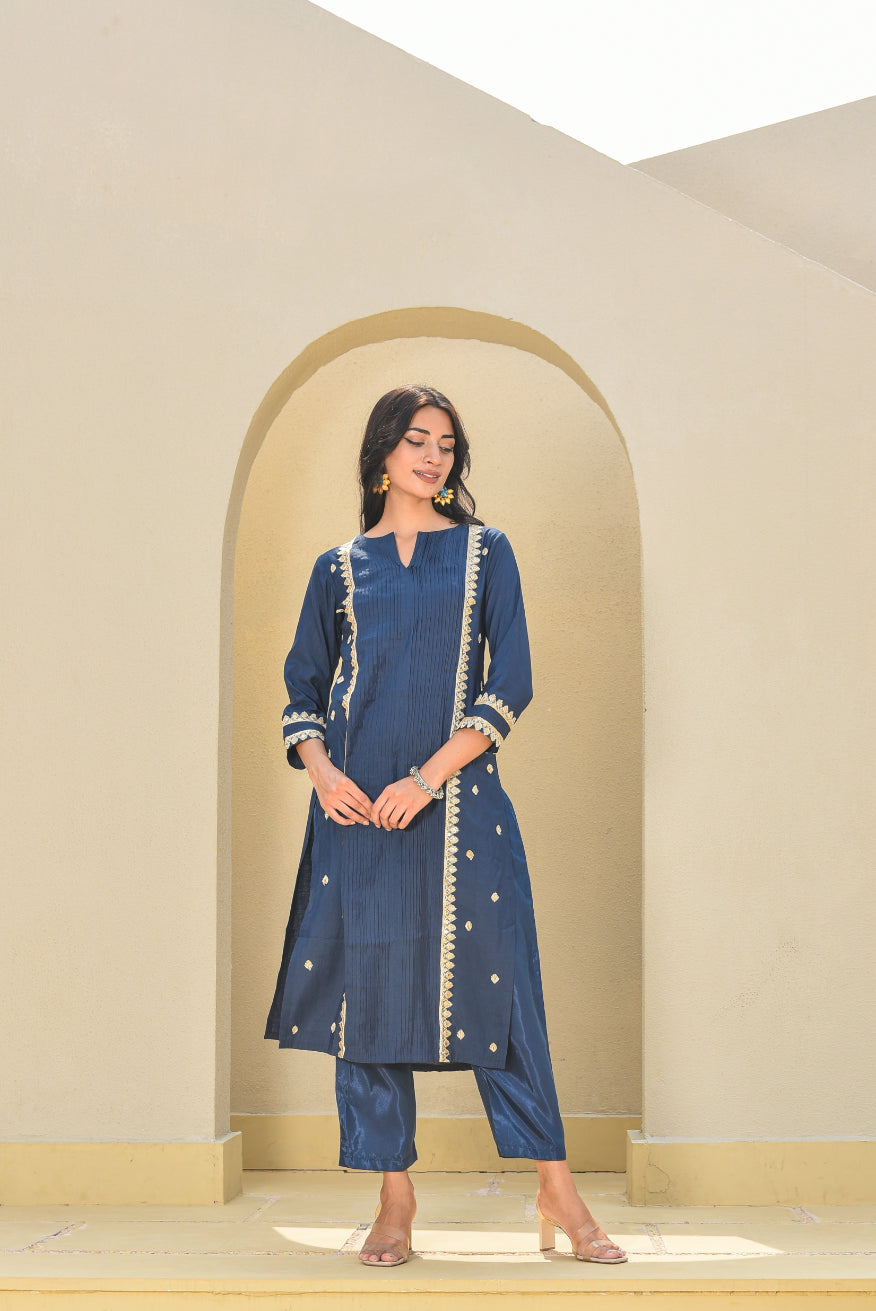 Navy Blue Zari Silk Kurta Set Close-up - Designer Ethnic Wear
