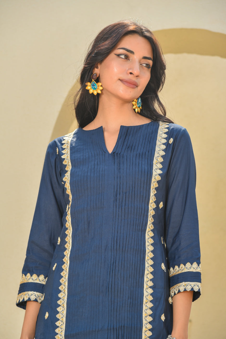 Navy Blue Zari Silk Kurta Set Styling View - Designer Ethnic Wear