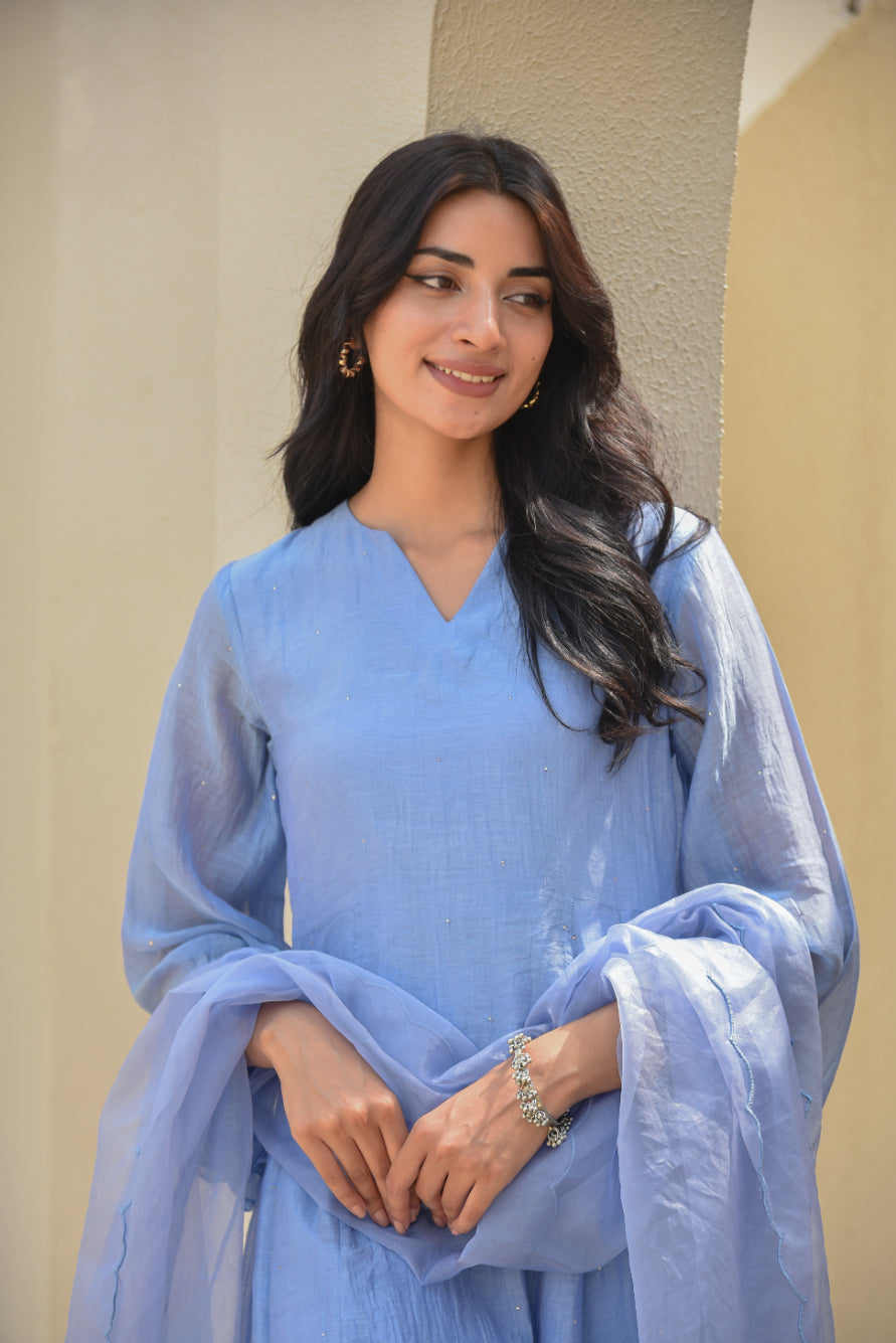 Ice Blue Mukesh Work A-line Kurta Set Full Look - Designer Ethnic Wear
