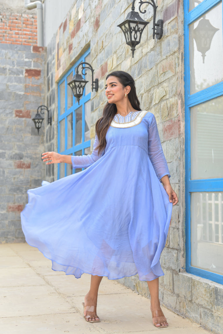 Baby Blue Asymmetrical Dress - Designer Dress