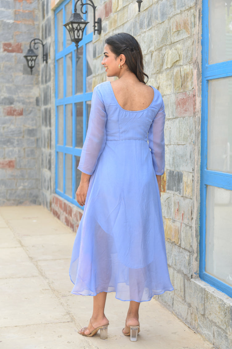 Baby Blue Asymmetrical Dress Close-up - Designer Ethnic Wear