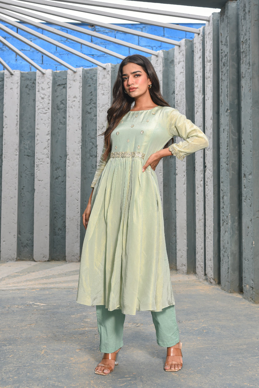 Moss Green Zari Silk Anarkali Set Close-up - Designer Ethnic Wear