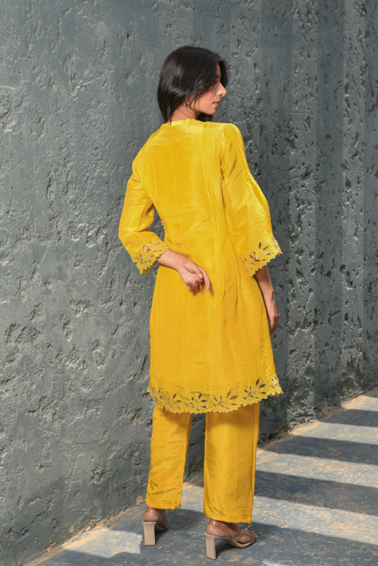Daffodil Yellow Zari Silk Kurta Set Full Look - Designer Ethnic Wear
