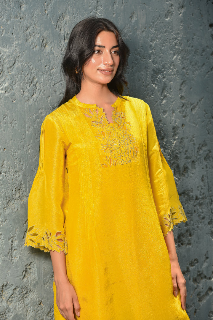 Daffodil Yellow Zari Silk Kurta Set Model Shot - Designer Ethnic Wear
